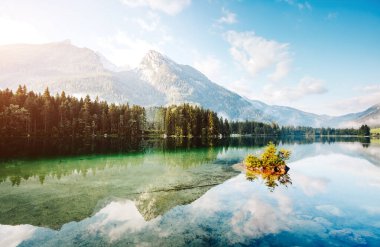 Ünlü Hintersee Gölü gezegendeki en iyi yerlerden biridir. Resimli bir sahne. Yer tesisi Ramsau, Ulusal Park Berchtesgadener Toprakları, Yukarı Bavyera, Almanya Alpleri, Avrupa. Dünyanın güzelliğini keşfedin.