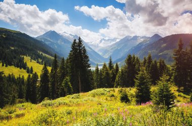 Durlassboden rezervuarının muhteşem görüntüsü. Avusturya 'nın Tyrol ve Salzburg eyaletleri Zillertal Vadisi' ndeki Gerlos belediyesi. Reichenspitz çiftliği, High Tauern Ulusal Parkı. Güzellik dünyası.