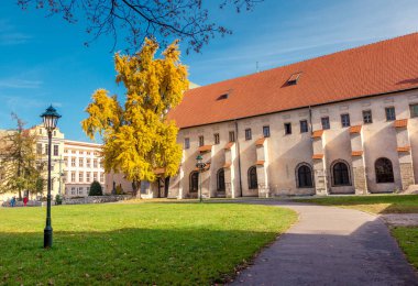 Güneşli bir günde antik şehir Krakow 'un muhteşem manzarası. Göz kamaştırıcı ve resimli bir sahne. Yeri Polonya, Avrupa 'yı gezmek. Popüler turist eğlencesi. Dünyanın güzelliğini keşfedin.
