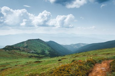 Güneşli bir günde harika dağlık araziler. Carpathian Ulusal Parkı, Ukrayna, Avrupa. Vahşi bölgenin resmi. Yürüyüş konseptinin manzaralı görüntüsü. Muhteşem turizm duvar kağıtları. Toprağın güzelliğini keşfedin