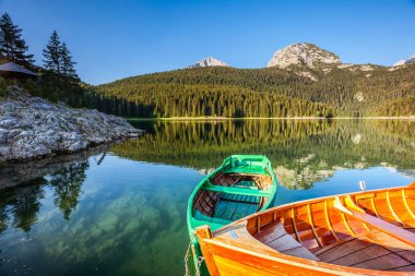 Kara Göl manzarası harika. Konum Ulusal Park Durmitor, Zabljak köyü, Karadağ, Balkanlar, Avrupa. İnanılmaz doğa manzarasının manzarası. Harika bir yaz sahnesi. Toprağın güzelliğini keşfedin.