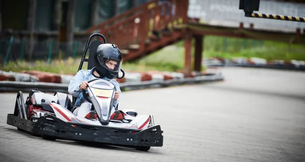stock image Karting. motorsport road racing with open-wheel four wheeled vehicles at go-karts. Recreation and entertainment