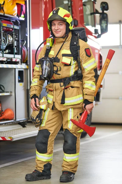 Portrait Firefighter Work Protection Wear Front Fire Engine — Stock Photo, Image