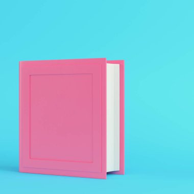 Pastel renklerde parlak mavi arkaplan üzerine pembe kaplı bir kitap. Minimalizm kavramı. 3d hazırlayıcı