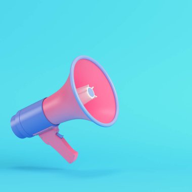 Pembe hoparlör ya da megafon açık mavi arka planda pastel renklerde. Minimalizm kavramı. 3d hazırlayıcı