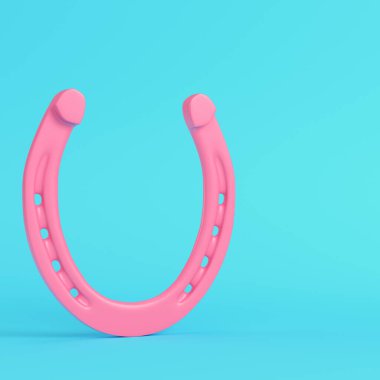 Pink horse shoe on bright blue background in pastel colors. Minimalism concept. 3d render