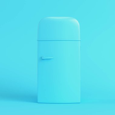 Old styled fridge on bright blue background in pastel colors. Minimalism concept. 3d render