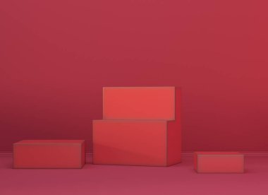 Sergi ürünleri için küplerle minimalizm kırmızı iç mekan. 3d oluşturma