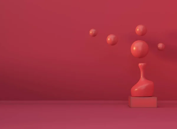 Minimalismus Rote Farbe Interieur Szene Mit Vase Und Abstrakten Kugeln — Stockfoto