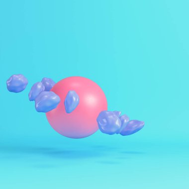 Asteroit kuşaklı pembe çizgi film tarzı gezegen parlak mavi arka planda pastel renklerde. Minimalizm kavramı. 3d hazırlayıcı