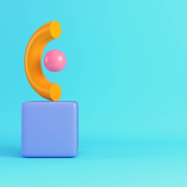 Pastel renklerde parlak mavi arkaplanda renkli, kalın geometrik şekiller. Minimalizm kavramı. 3d hazırlayıcı