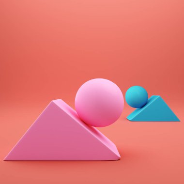 Soyut asgari sahne. Geometrik şekilli üçgenler parlak kırmızı arkaplanda küreler ile. 3d oluşturma