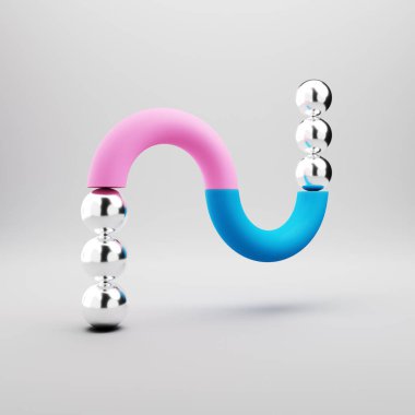 Soyut asgari sahne. Geometrik kalın şekiller, parlak gri arkaplanda krom kürelerle bükülmüş silindirler. 3d oluşturma