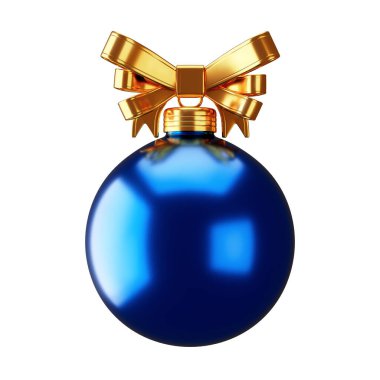 Beyaz arka planda izole edilmiş altın yaylı mavi noel mücevherleri. 3d oluşturma
