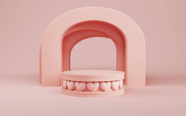 Renkli parlak krem arka planda ürün gösterimi için kalpleri ve yayı olan silindirik podyum. Minimalizm kavramı. 3d oluşturma