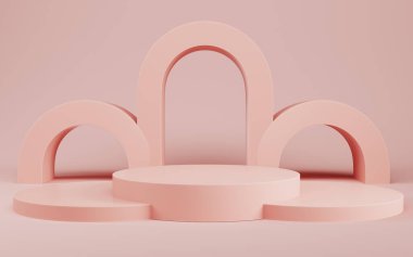 Özet asgari arkaplan. Pastel renklerde parlak krem arka planda ürün gösterimi için kavisli silindirik podyum. Minimalizm kavramı. 3d oluşturma