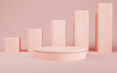 Özet asgari arkaplan. Pastel renklerde parlak krem arka planda ürün gösterimi için silindirik podyum. Minimalizm kavramı. 3d oluşturma