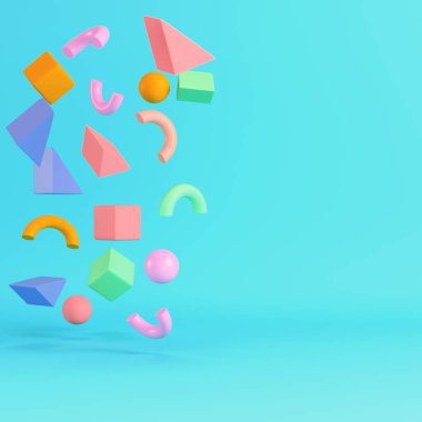 Renkli, soyut, koyu geometrik figürler, parlak mavi arkaplanda, pastel renklerde. Minimalizm kavramı. 3d hazırlayıcı