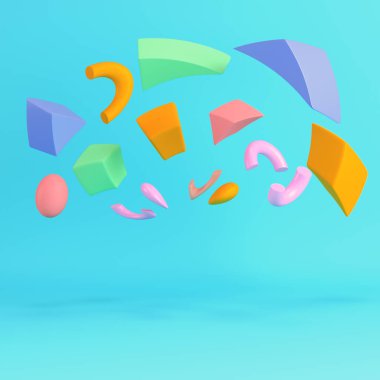 Renkli, soyut, koyu geometrik figürler, parlak mavi arkaplanda, pastel renklerde. Minimalizm kavramı. 3d hazırlayıcı