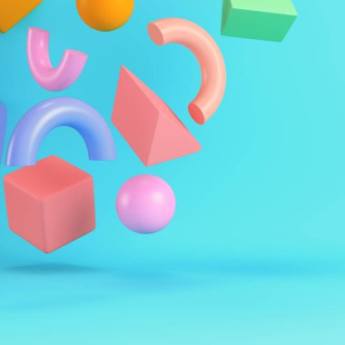 Renkli, soyut, koyu geometrik figürler, parlak mavi arkaplanda, pastel renklerde. Minimalizm kavramı. 3d hazırlayıcı