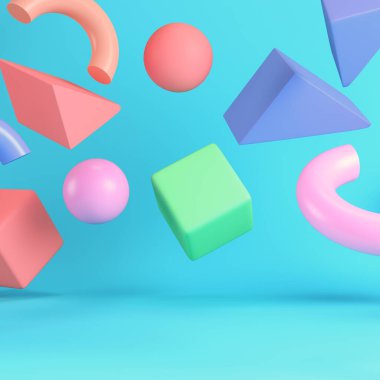 Renkli, soyut, koyu geometrik figürler, parlak mavi arkaplanda, pastel renklerde. Minimalizm kavramı. 3d hazırlayıcı