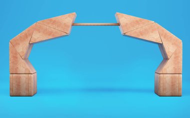 Parlak mavi arkaplan 3d üzerinde soyut ahşap geometrik şekil
