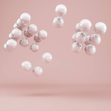 Minimum arkaplan. Kürelerin parlak krem renkli arka plan üzerindeki soyut geometrik şekilleri pastel renklerde. Minimalizm kavramı. 3d oluşturma