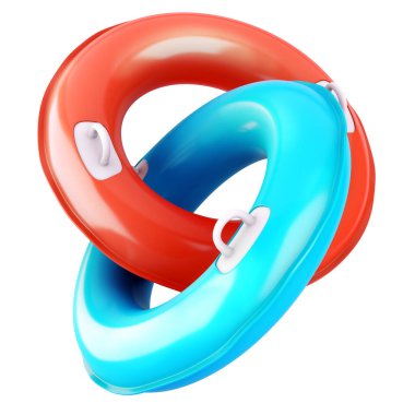 Kırmızı ve mavi şişirilebilir can simidi halkaları beyaz arka planda izole edilmiş. 3d oluşturma