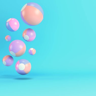 Pastel renklerde parlak mavi arka planda pembe uçan şişme plaj topu. Minimalizm kavramı. 3d hazırlayıcı