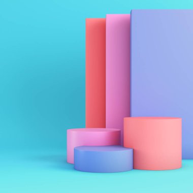 Ürün gösterimleri, vitrinler ve yaratıcı sunumlar için renkli parlak mavi arkaplanlı silindirik podyum. Minimalizm kavramı. 3d hazırlayıcı