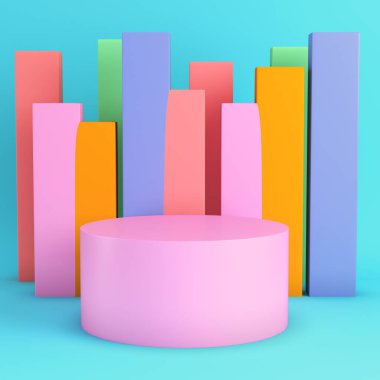 Pembe silindirik podyum, ürün gösterimleri, vitrinler ve yaratıcı sunumlar için pastel renklerde parlak mavi arkaplanlı paneller. Minimalizm kavramı. 3d hazırlayıcı
