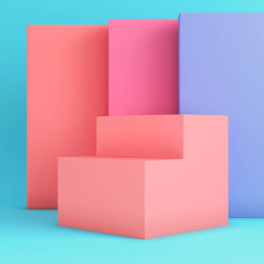 Ürün gösterimleri, vitrinler ve yaratıcı sunumlar için pastel renklerde parlak mavi arkaplanlı pembe kutular. Minimalizm kavramı. 3d hazırlayıcı