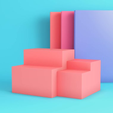 Ürün gösterimleri, vitrinler ve yaratıcı sunumlar için pastel renklerde parlak mavi arkaplanlı pembe kutular. Minimalizm kavramı. 3d hazırlayıcı