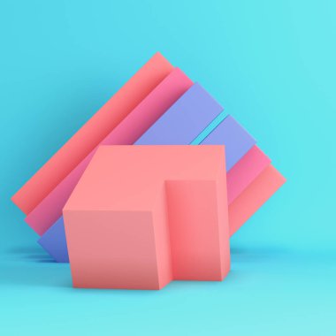 Ürün gösterimleri, vitrinler ve yaratıcı sunumlar için pastel renklerde parlak mavi arkaplanlı pembe kutular. Minimalizm kavramı. 3d hazırlayıcı