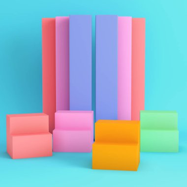 Renkli kutular renkli paneller açık mavi arkaplan üzerine pastel renkler ürün gösterimleri, vitrinler ve yaratıcı sunumlar için. Minimalizm kavramı. 3d hazırlayıcı
