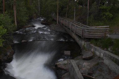 Akan dere suyu, sağında ahşap patika ve kenarlarında yeşil yapraklarla akıntıya bakıyor.
