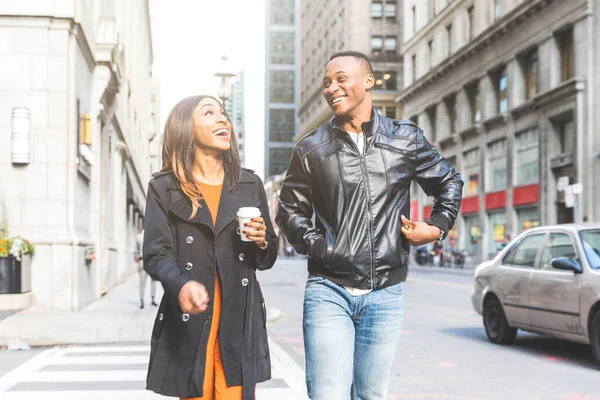 Happy Black Couple Walking Toronto Man Woman Walking Laughing Enjoying — Stock Photo, Image