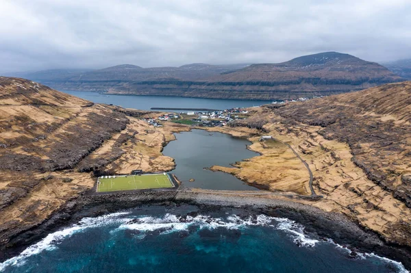 Football Soccer Pitch Coastline Remote Area Faroe Islands Green Field Stock Snímky