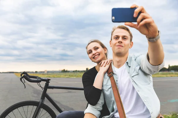 Happy Couple Together Taking Selfie Smiling Man Woman Sharing Time Stock Snímky