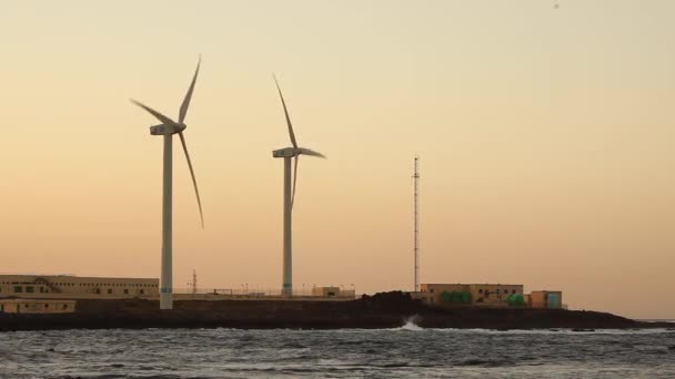Větrné Turbíny Farma Vedle Moře Fuerteventura Španělsko Při Západu Slunce — Stock video