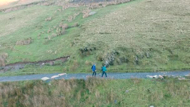 Vista Aérea Las Personas Que Caminan Escalan Monte Snowdon Gales — Vídeos de Stock