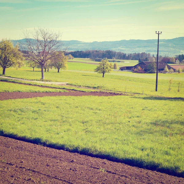 Swiss Farmhouse Surrounded Forests Plowed Fields Instagram Effect — Stock Photo, Image