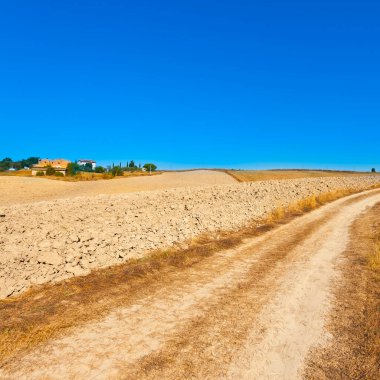 Anız alanları Toskana tepelerde. Tuscany peyzaj hasat sonra. Toprak yol İtalya sürülmüş alanlar arasında