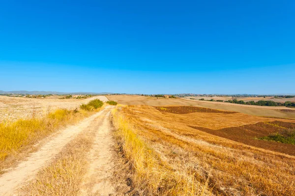 トスカーナの丘のフィールドに無精ひげ 収穫後のトスカーナ風景です イタリアで耕した畑の間の砂利道 — ストック写真