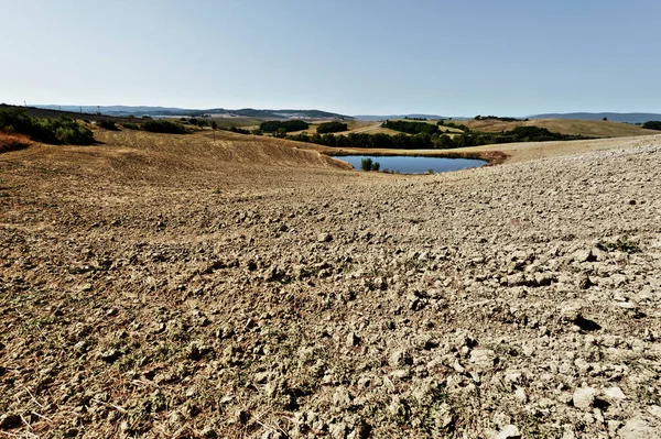 Teich Zur Bewässerung Zwischen Stoppelfeldern Italien Gepflügte Hügel Der Toskana — Stockfoto