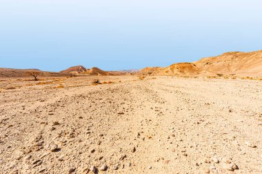 İsrail çölündeki kaya oluşumlarının nefes kesici manzarası. Yalnızlık, umutsuzluk ve depresyon kavramı olarak cansız ve ıssız bir sahne..