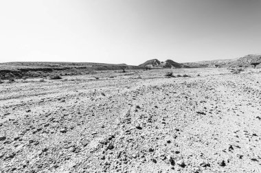 İsrail çölünde siyah beyaz kaya oluşumlarının nefes kesici manzarası. Yalnızlık, umutsuzluk ve depresyon kavramı olarak cansız ve ıssız bir sahne..