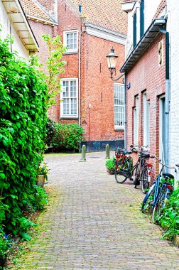 Tipik Hollanda tuğla Hollanda'da evler. Amersfoort tarihi merkezi Hollanda'da bisiklet ile cadde görünümü Park