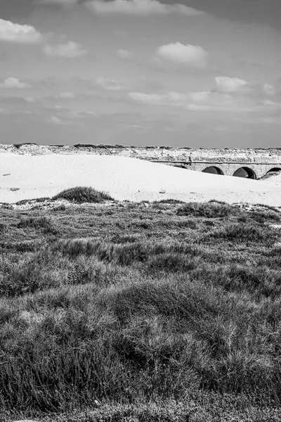 黒と白の砂丘でイスラエルの地中海沿岸の古代ローマの水路 — ストック写真