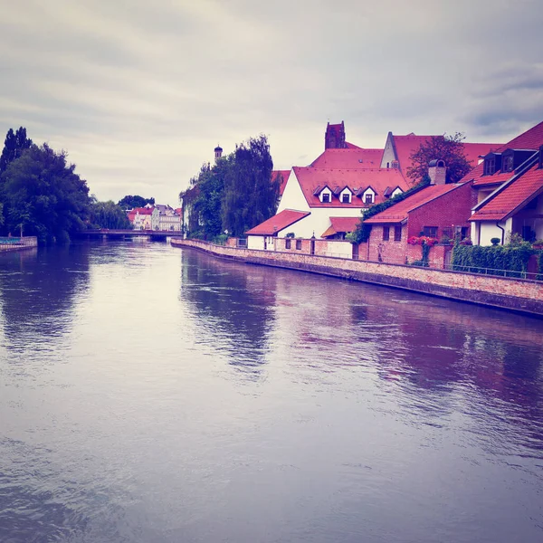 Nabrzeże Rzeki Isar Niemieckim Mieście Landshut Instagram Effect — Zdjęcie stockowe